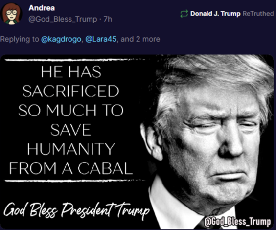 A graphic found on Gab Social with President Trump's face on it with the words "HE HAS SACRIFICED SO MUCH TO SAVE HUMANITY FROM A CABAL"